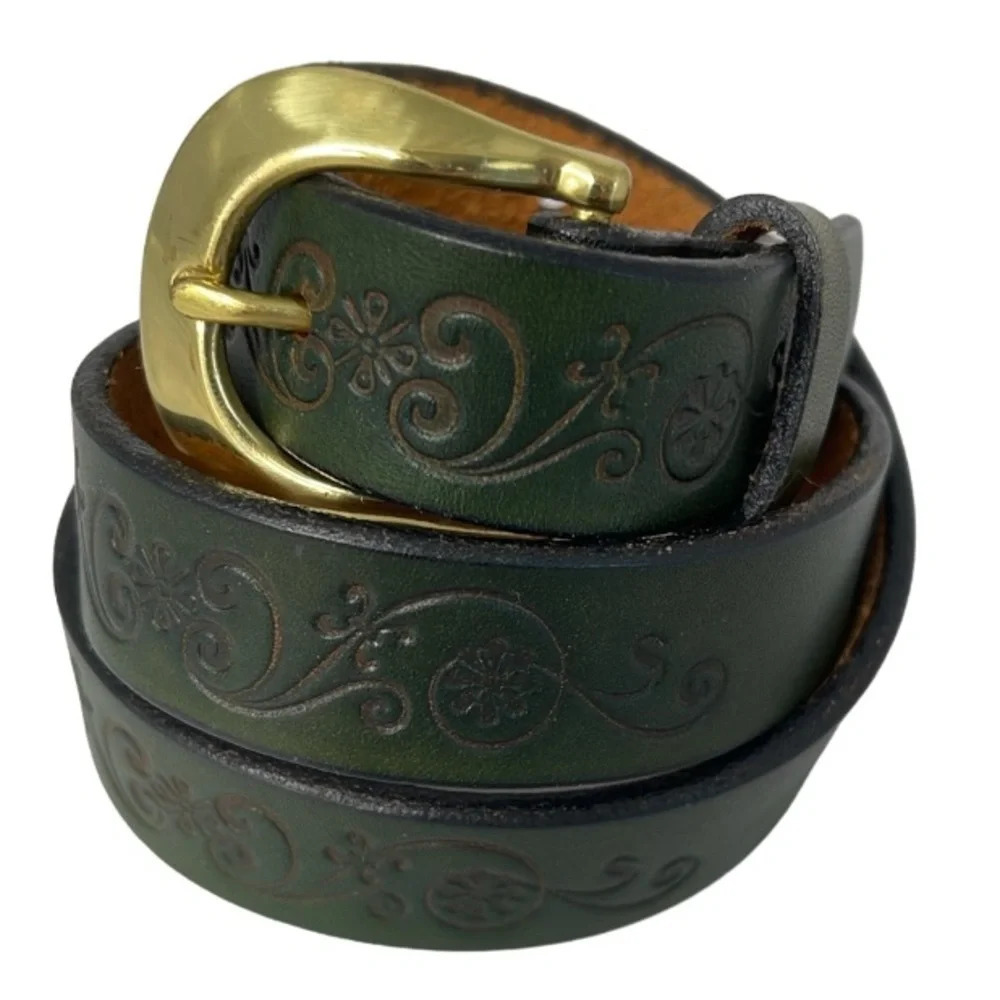 Vintage Green Leather Belt with Gold Buckle